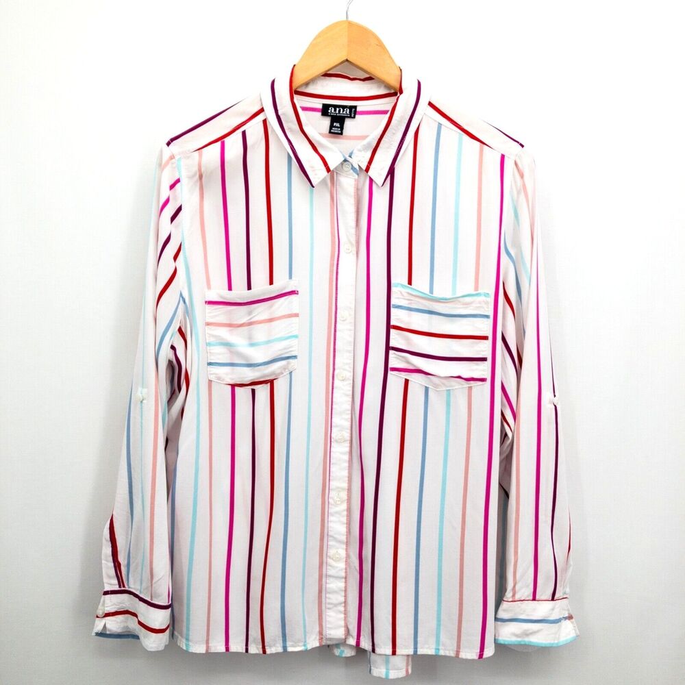 Ana Button Front Blouse Double Breast Pocket Striped Size PXL
